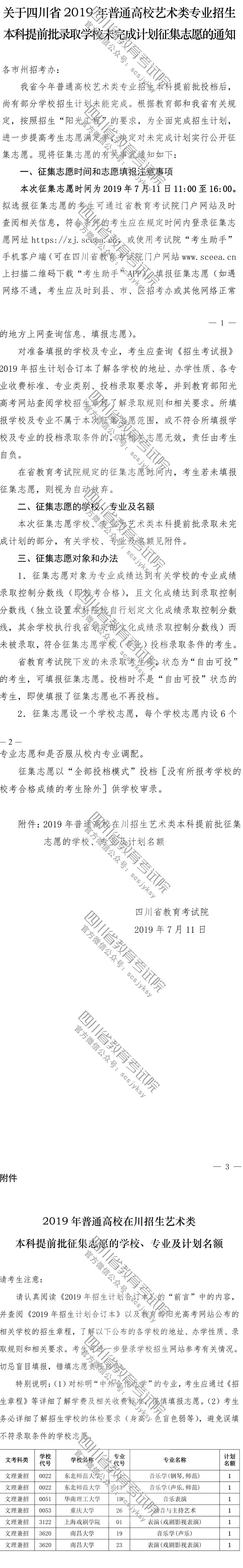 关于普通高校艺术类专业招生本科提前批录取学校未完成计划征集志愿的通知