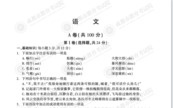 2021年成都中考语文试题及参考答案